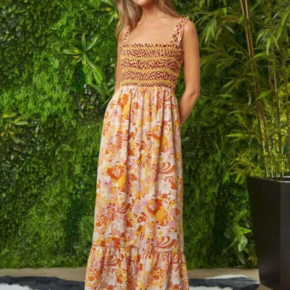 Davi & Dani Multi Smocked Bodice Geo Ruffle Strappy Midi Dress - Picture 8 of 11